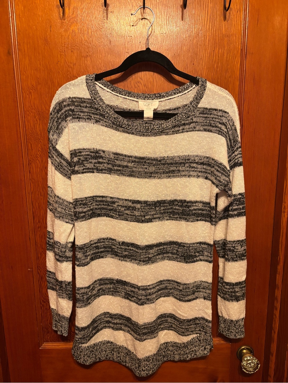LOFT Black & Cream Striped Crewneck Sweater